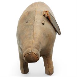 Dimitri Omersa (1927-1975) for Liberty's of London, two mid-20th century brown leather footstools, in the form of a pig and piglet, larger pig bearing Liberty stamp beneath ear, pig W86cm, piglet W49cm