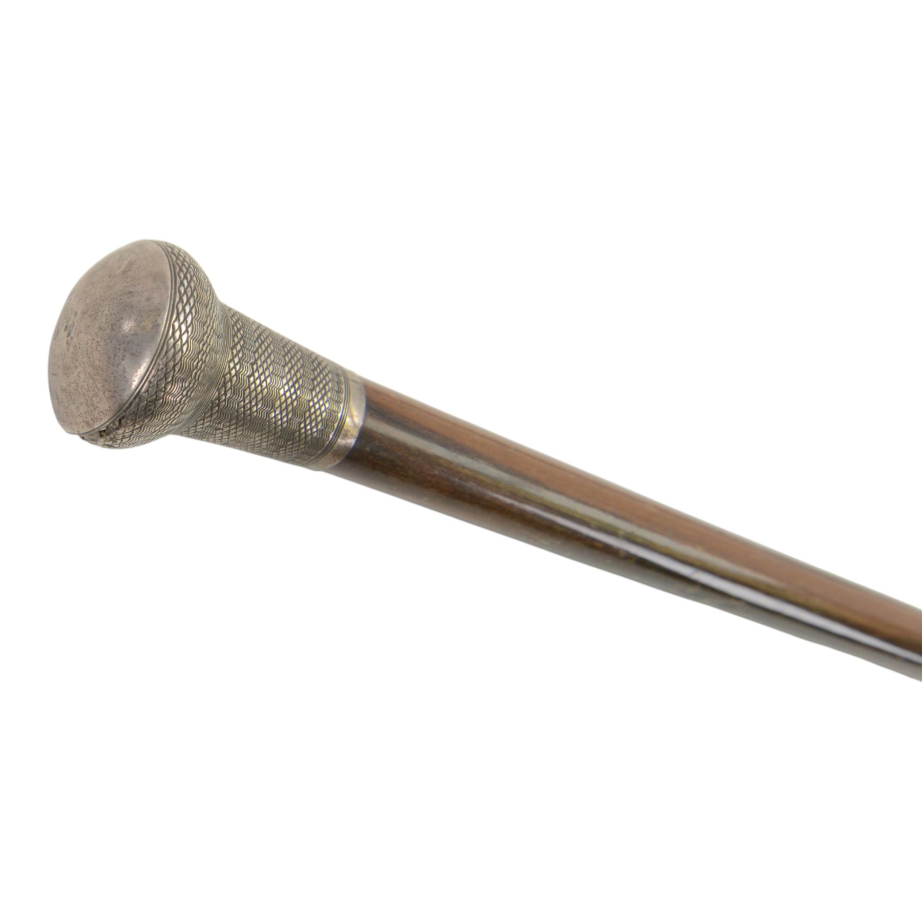 Walking stick, with silver, hallmarked, engine turned pommel and one other silver mounted walking stick, hallmarked, tallest H92cm