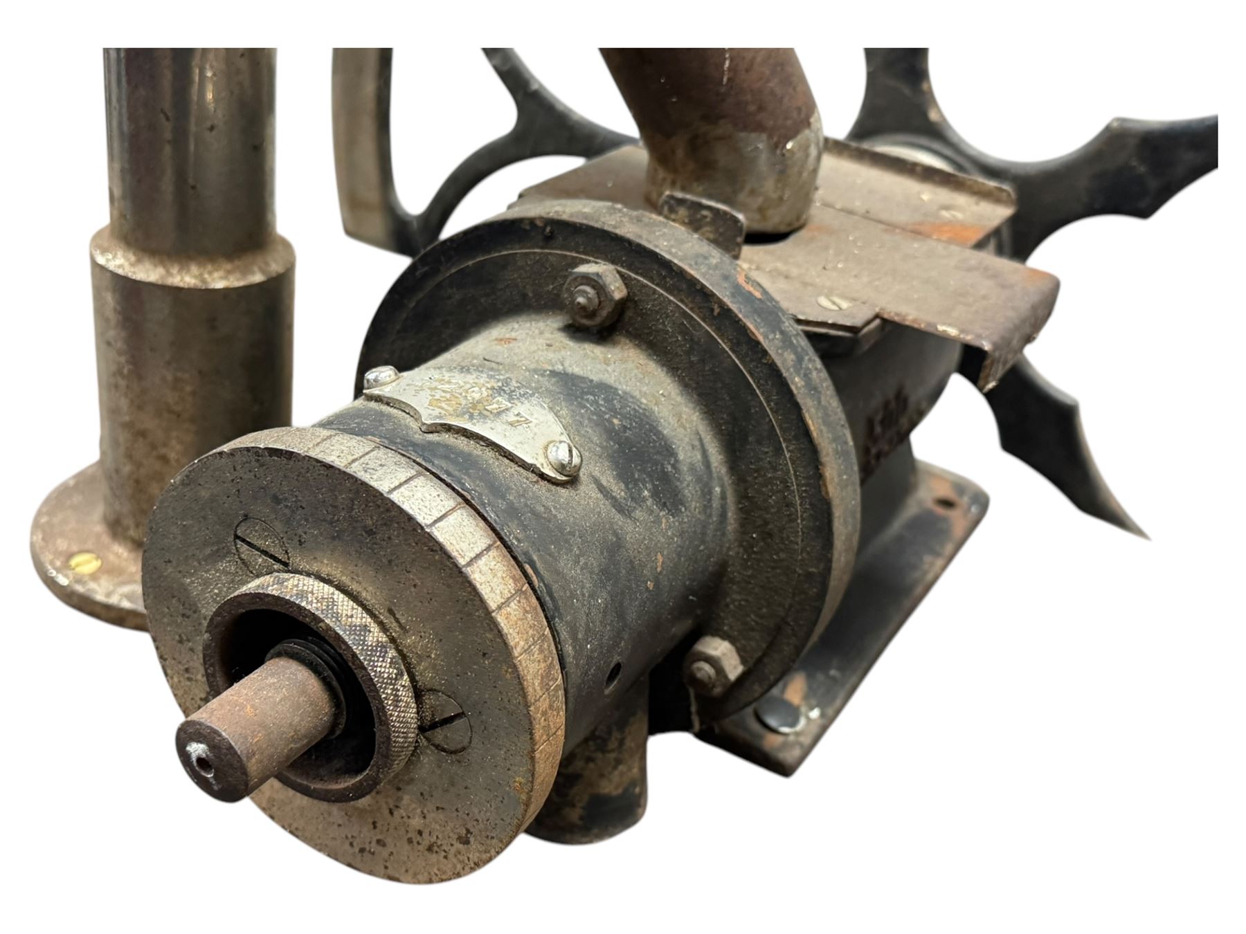 Cabinet with multiple drawers and cupboards mounted with two industrial coffee grinders with large flywheels and brass coffee reservoirs, early 20th century 