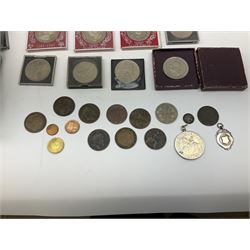 Coins including Churchill and other commemorative crowns, small number of pre-decimal pennies, hallmarked silver fob etc