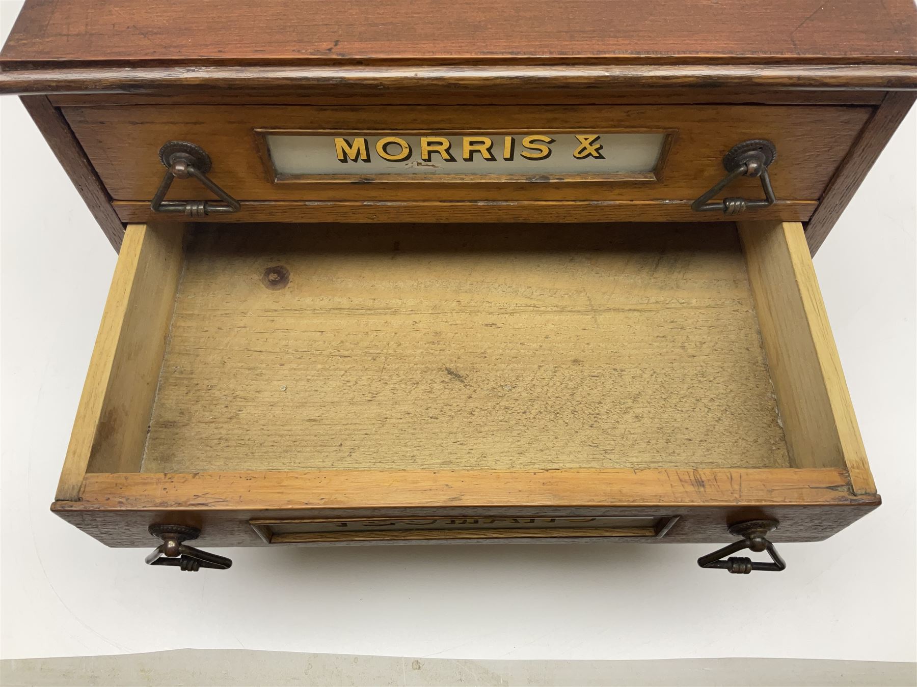 Victorian oak three drawer tabletop haberdashery chest advertising Morris Yeomans' Needles and Co, H27cm, L36cm
