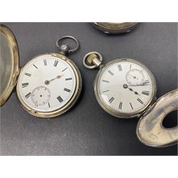 Five Victorian and early 20th century silver lever pocket watches including keyless half hunter, Fattorini & Sons, Bradford, Thomas Russell & Sons, Liverpool and Thomas Yates, Preston and a silver graduating Albert chain with fob