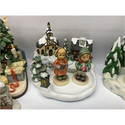 Large collection of Christmas themed Hummel figures and Hummel scapes by Goebel, to include Winter Friend, Making New Friends, Tree Trimming Time, Winter Adventure etc