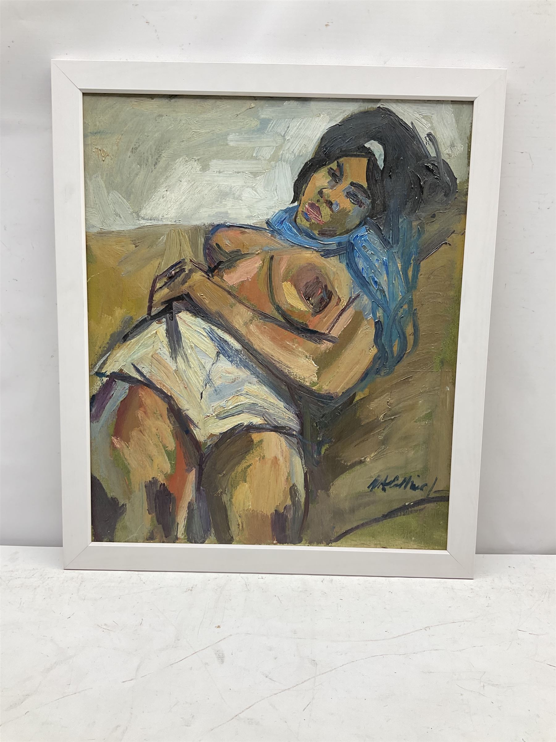 Peter Collins ARCA (British 1923-2001): Reclining Nude with Blue Headscarf, oil on canvas signed 60cm x 50cm
Provenance: Studio sale: The late Georgina and Peter Collins Collection, ‘The Contents of Stanley Studios, Chelsea’; Sulis Fine Art.
