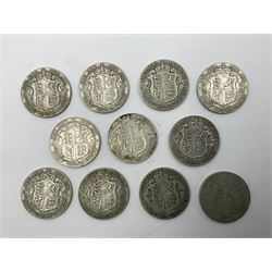 Eleven King Edward VII half crown coins, three dated 1908, four 1909 and four 1910