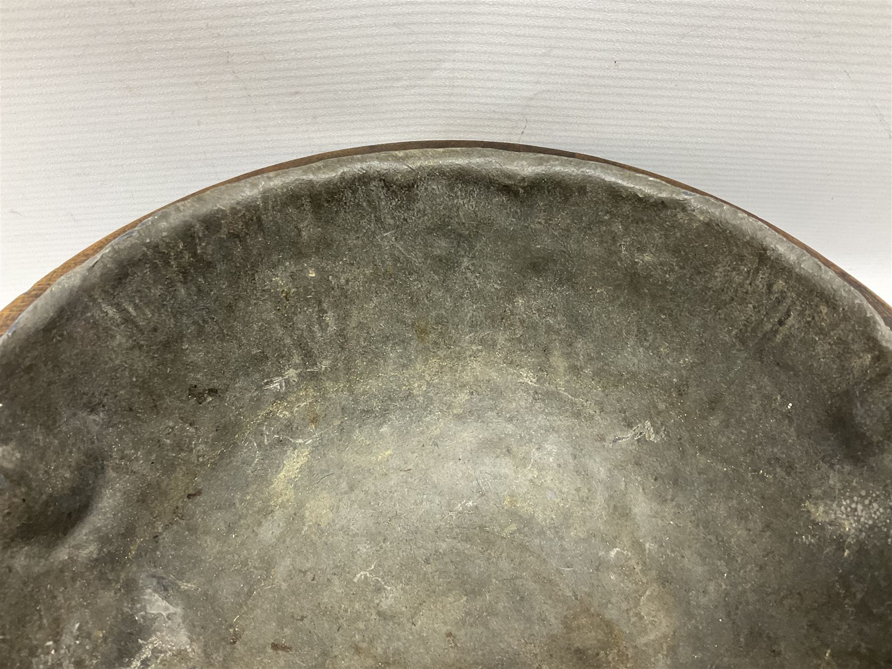 19th century pole lathe turned sycamore bowl, the interior housing lead liner, the exterior decorated with bands of deep grooves, D28cm