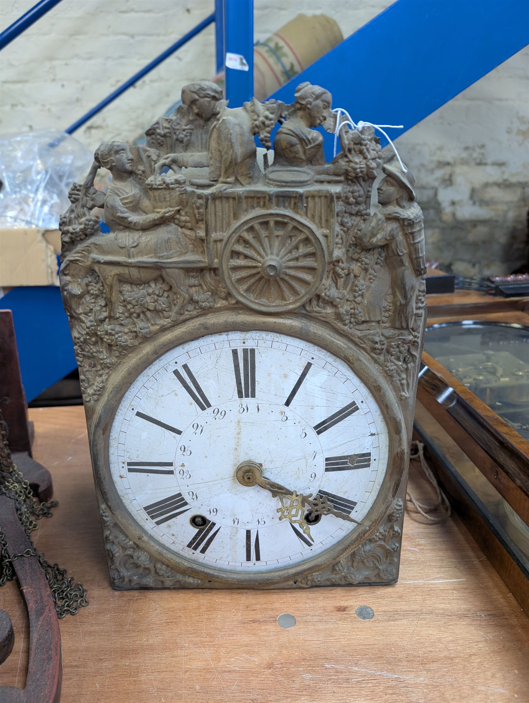 Reproduction Dutch lantern clock, eight day clock movement and a walnut cased regulator clock for restoration