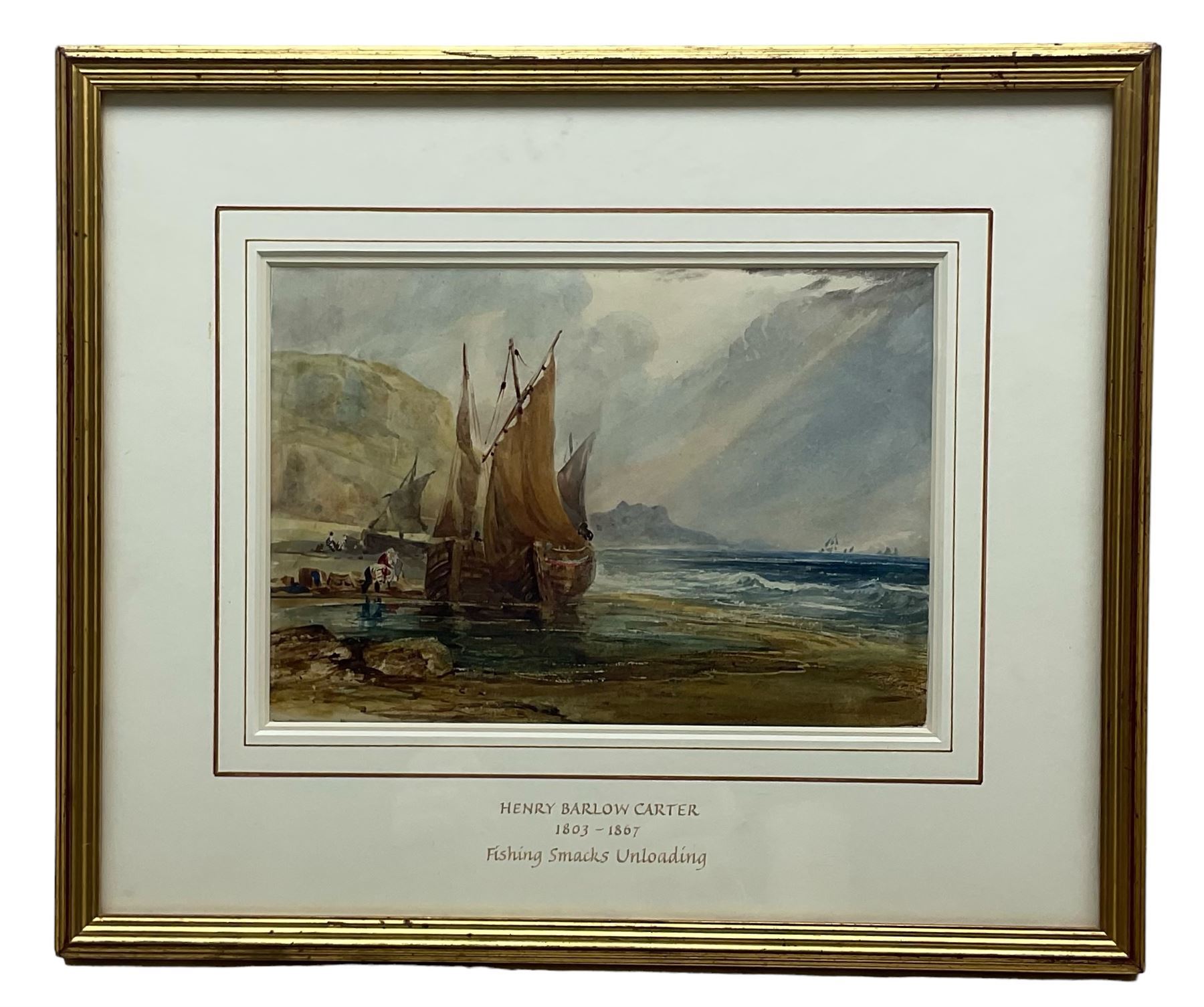 John Hamilton Glass (Scottish 1820-1885): Dutch Fishermen on the Shore, watercolour signed 24cm x 34cm; Manner of Henry Barlow Carter (British 1804-1868): Boats Unloading on the Shore, watercolour unsigned, various labels verso 17cm x 24cm; R Bayles (British 20th century): 'Morning Mists', watercolour signed titled and dated 1947, 14cm x 26cm (3)