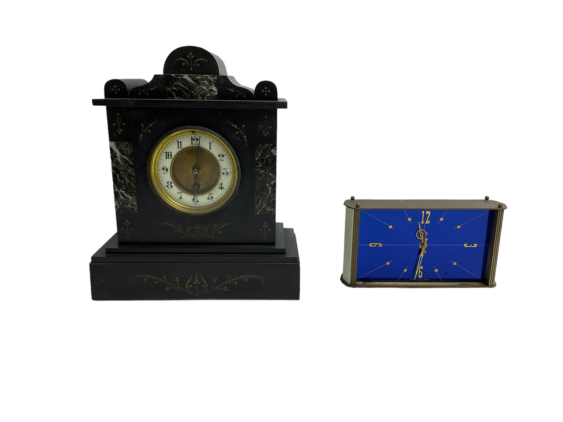 Victorian slate mantle clock with a timepiece movement and a 20th century spring driven mantle clock.