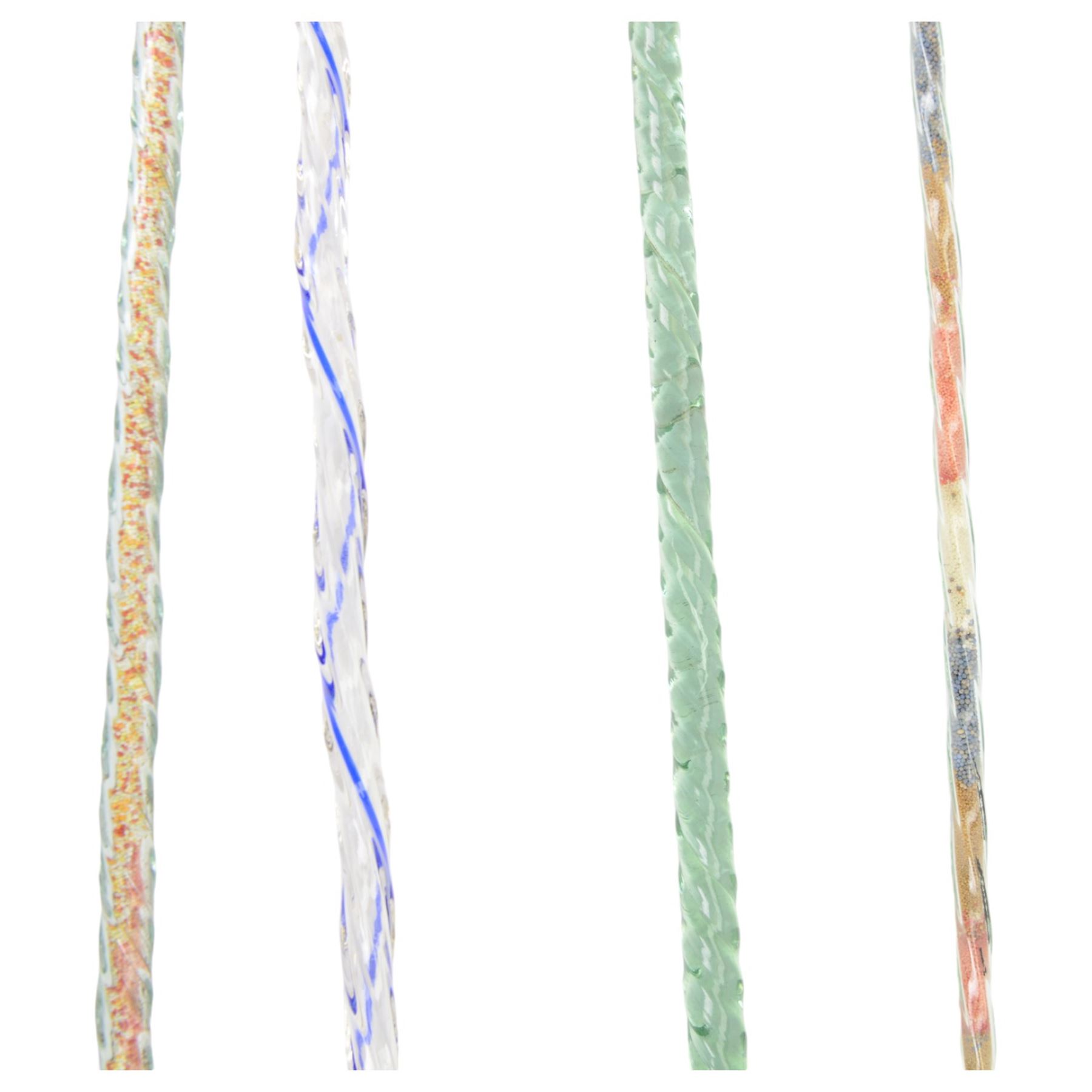 Four Victorian glass walking canes, to include two 'frigger' examples, one with blue twist design and two 'hundreds and thousands' examples, one with a knop finial and filled with micro beads, longest L105cm