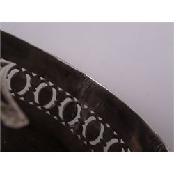 Late 18th century silver cruet stand, of oval form, with pierced sides upon four bun feet, hallmarked to handle Hester Bateman, all other hallmarks indistinct, together with five matched silver mounted cut glass cruet bottles, including some later Victorian examples, hallmarks predominantly indistinct, stand H20cm