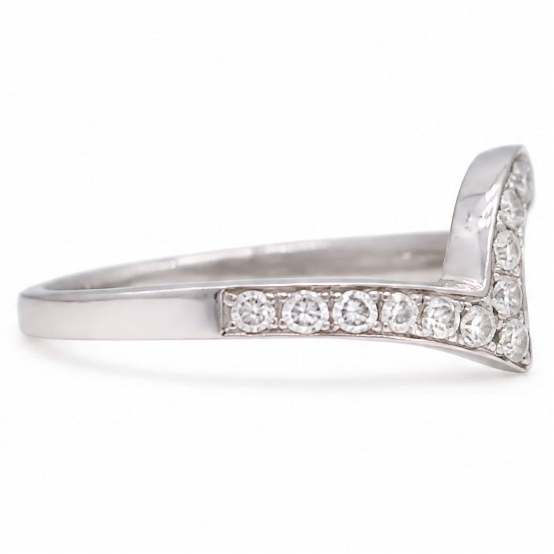 18ct white gold diamond abstract wishbone ring, channel set with twenty round brilliant cut diamonds, hallmarked