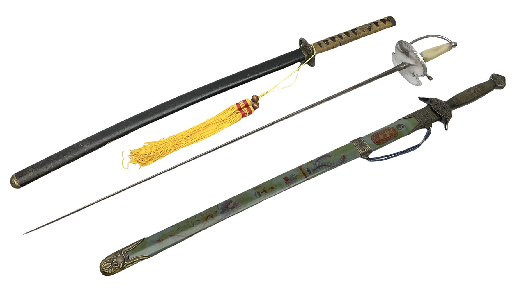 Three reproduction swords - Japanese katana and saya; Tai Chi sword with ornate scabbard; and dress sword with fullered triangular blade and horn handle (3)