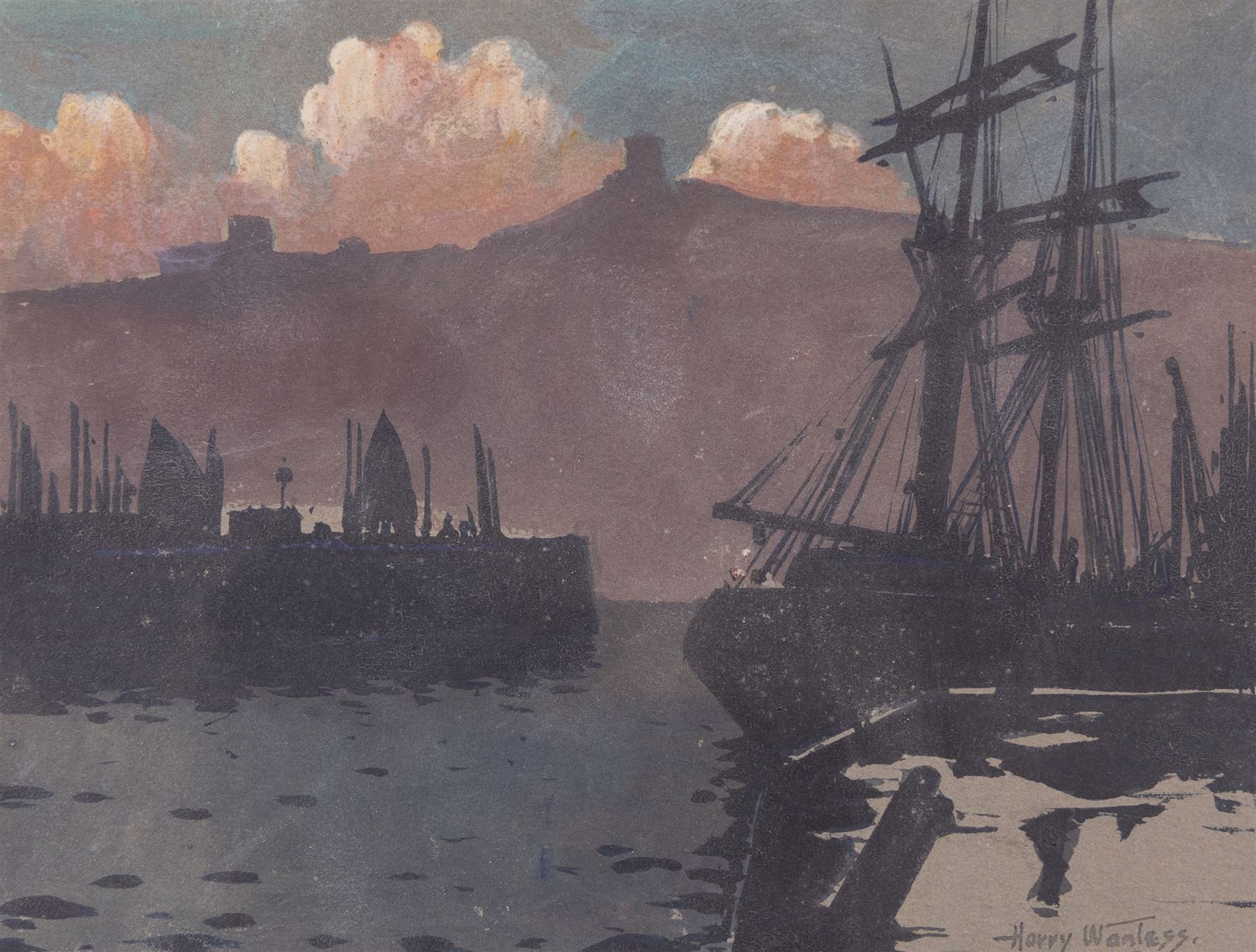 Harry Wanless (British c1872-1934): 'Scarborough' Harbour by Moonlight, watercolour signed with ESK (Kensington School) blind stamp, titled and dated 1895 verso 16cm x 21cm; Charles Edward Wanless (circa 1875-1938), 'Tweddill's Yard Sandside' Scarborough, pen and ink signed with initials and titled 27cm x 21cm and two original photographs by the artist (unframed) (4)
Provenance: private collection purchased 'Wanless Family Studio Sale' David Duggleby 15th June 2009 Lots 16 & 29