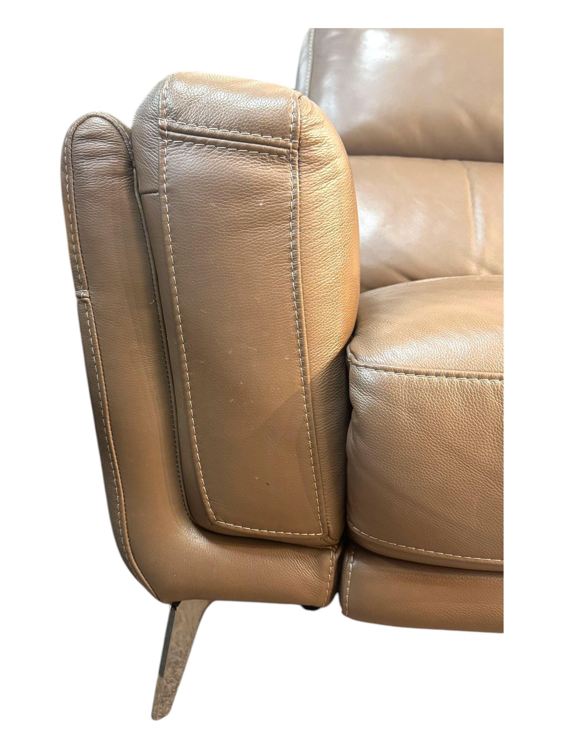 San Antonio six-seat corner reclining sofa, upholstered in pecan leather, modular design with battery-operated reclining function, supportive backrests and deep seat cushions, on chrome supports