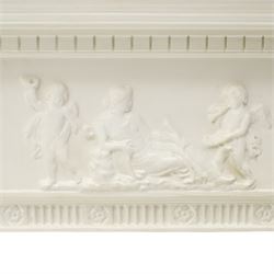 Large Adam's design white painted Neoclassical fire surround, the frieze moulded with goddess and cherubic motifs with bellflower festoons, egg-and-dart moulded inner slip flanked by Ionic capitals on classical columns
