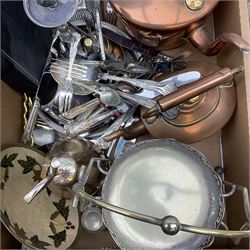 Group of assorted metalware, to include two copper kettles, silver plated three branch candelabra, various flatware including some boxed examples, etc., in one box 