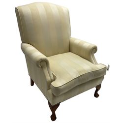 Wesley-Barrell - Georgian design traditional shaped armchair with rolled arms, sprung back and loose seat cushion upholstered in beige striped fabric with gold piping, raised on cabriole supports with ball and claw feet