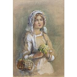 Rowland Henry Hill (Staithes Group 1873-1952): Young Girl with Primroses, watercolour heightened in white signed and dated 1927, 26cm x 17.5cm 
Provenance: exh. T B & R Jordan 'Staithes Group Exhibition', Pannett Gallery Whitby, July 2016, facsimile catalogue verso