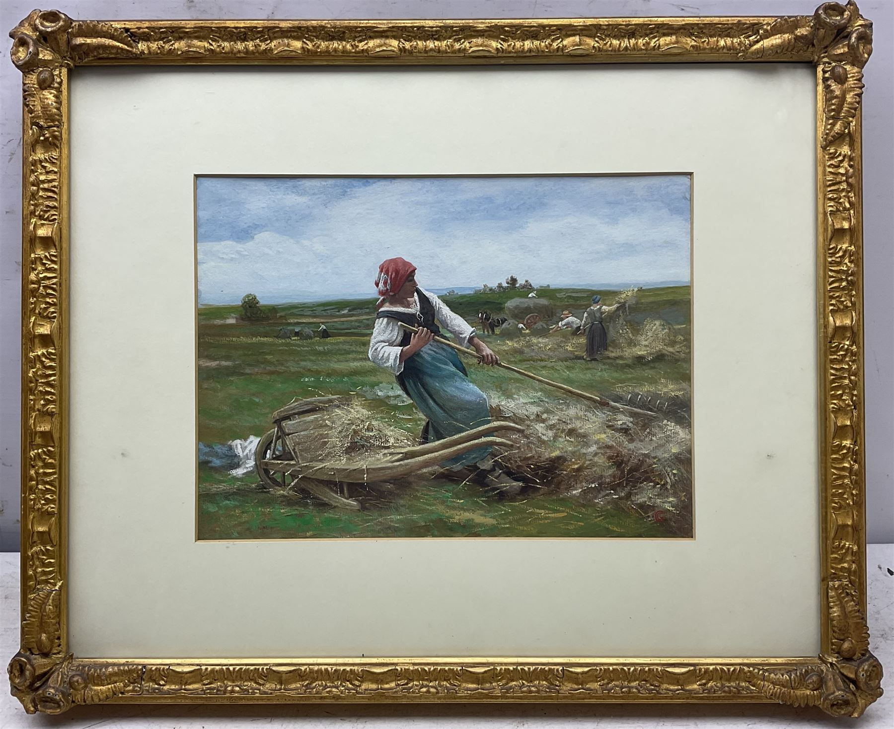 After Julien Dupré (French 1851–1910): ‘The Haymakers’, gouache signed with monogram CG 24cm x 33cm