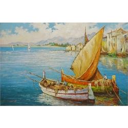  Mediterranean Waterfront, mid 20th century oil on canvas signed L M Galea 59cm x 90cm  