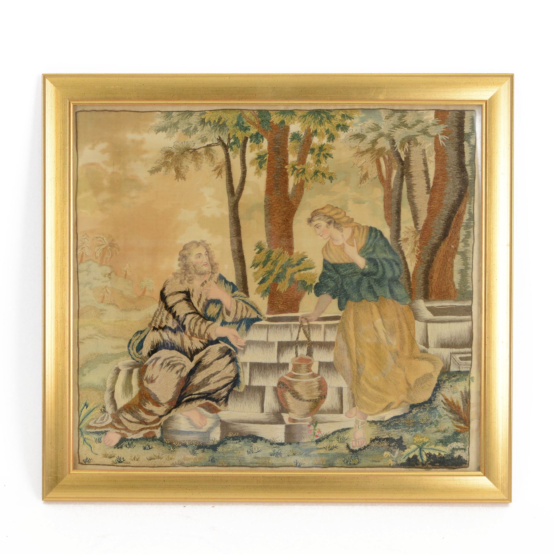 19th century silk needlework picture: Jesus and the Samaritan Woman at the Well, in gilt frame, H47cm 