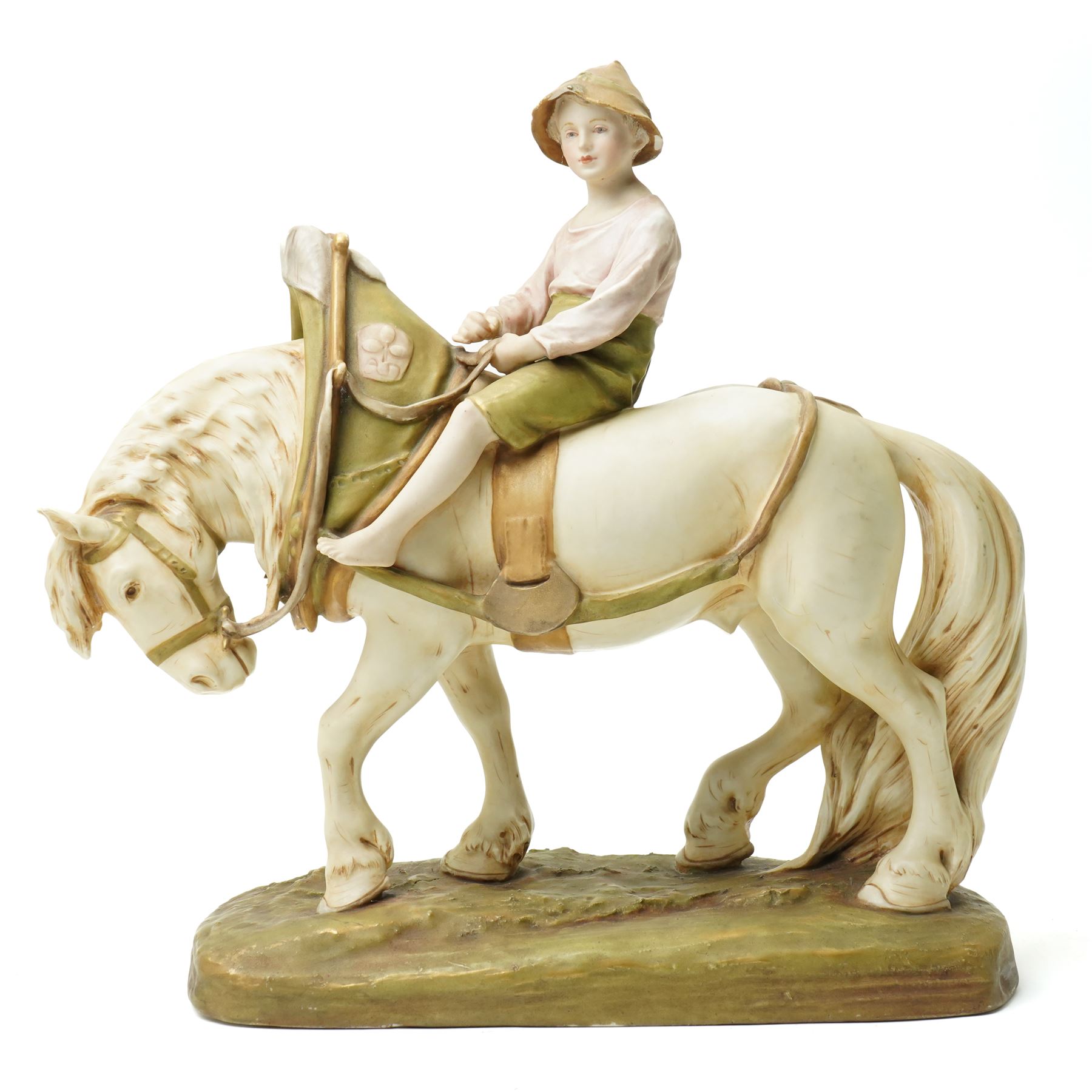 Royal Dux figure of a boy riding a shire horse on naturalistic base model number 1693 L34cm