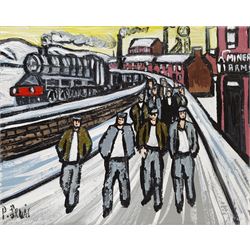 Phil Lewis (Northern British Contemporary): 'Miners Returning Home from Work at the Pit', oil on canvas signed, titled verso 20cm x 25cm (unframed)
