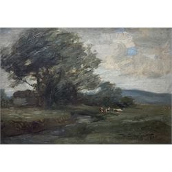 Mark Senior (Staithes Group 1864-1927): Cows Grazing in a Dales Landscape, oil on canvas laid onto board signed and dated 1906, 25cm x 36cm