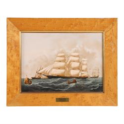 Set of Six Wedgwood plaques, each decorated with a clipper ship, inscribed to the reverse, in maple frames, 25cmx31cm