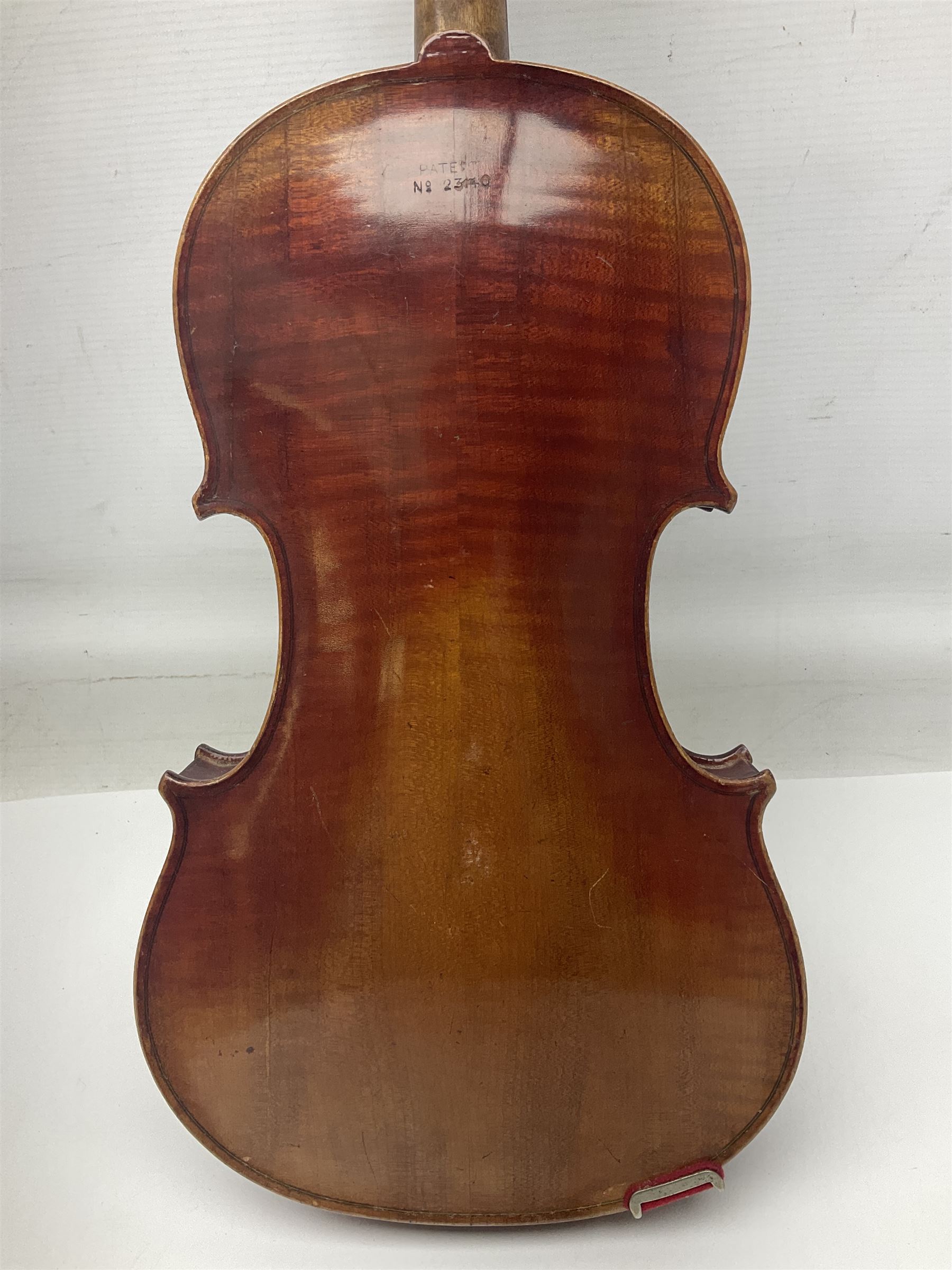 Saxony violin c1900 with 36cm two-piece maple back and ribs and spruce top; bears label 'Antonius Stradivarius Cremonensis Faciebat Anno 17**' L59cm overall; in carrying case