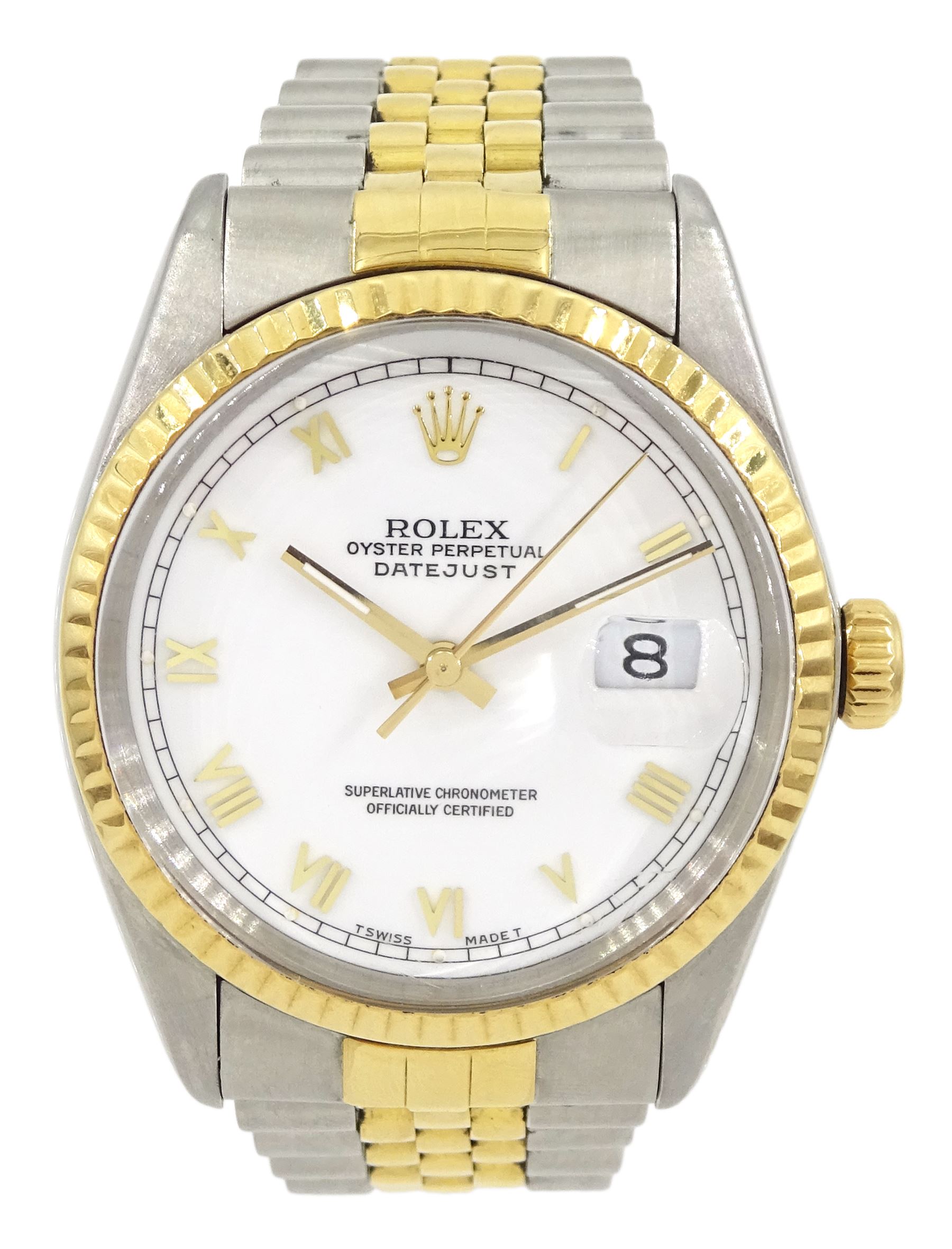 Rolex Oyster Perpetual Datejust gentleman's gold and stainless steel automatic wristwatch, circa 1987, Ref. 16253, serial No. 9871038, white dial with Roman numeral hour markers and date aperture, on gold and stainless steel Jubilee bracelet, with fold-over clasp