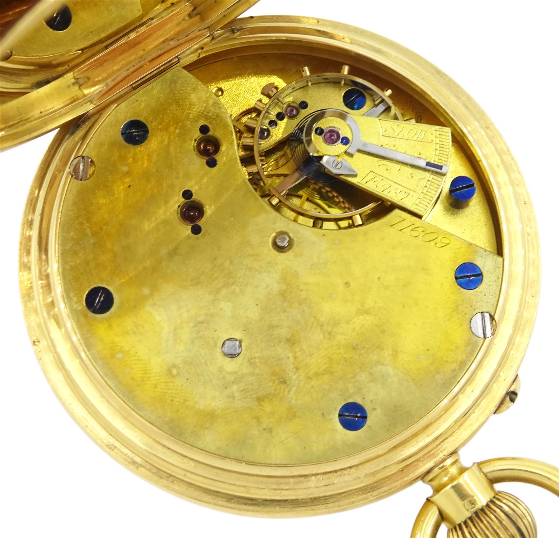 Victorian 18ct gold open face keyless lever presentation pocket watch, white enamel dial with Roman numerals and subsidiary seconds dial, back case with engraved monogrammed initials, case by Arthur Baume & Co, London 1894