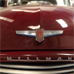 1953 Hillman Minx Saloon

Registration: NYP 135
Engine: 1,265cc petrol
Transmission: Manual, column change
Odometer reading: 37,553 miles
Colour: Maroon red
Interior: Cream
Former keepers: 3
V5C: Present
Keys: One

A 1953 Hillman Minx four-door saloon, finished in maroon red with a contrasting cream interior.

Powered by a 1,265cc petrol engine with manual column-change transmission. The Smiths speedometer displays 37,553 miles, although this mileage has not been independently verified.

The vehicle has previously been restored and presents with glossy maroon paintwork, cream bench seating and a period dashboard and steering wheel. The engine bay is painted to match the exterior and appears generally tidy. The underside has been coated or undersealed in places, with the chassis, floor sections, suspension and exhaust visible in the accompanying photographs.

At the time of cataloguing, the engine turned over but did not start.

Features

• 1,265cc petrol engine
• Manual column-change transmission
• Right-hand drive
• Four-door saloon body
• Maroon red exterior
• Cream bench-seat interior
• Smiths instrumentation
• Period dashboard controls
• Steel wheels with chrome hubcaps
• Chrome bumpers and exterior trim
• Rear-hinged bonnet
• Leaf-spring suspension

History and Documentation

• V5C registration document present
• Three former keepers recorded
• One key
• Pitman’s handbook included

Condition

The vehicle is presented in restored condition. The maroon paintwork retains a good overall gloss, with some age-related marks and imperfections visible on closer inspection.

The cream interior presents well overall, with signs of age and use to the upholstery, carpets, dashboard and controls. Some surface deterioration and pitting are visible to areas of the chrome and brightwork.

The engine bay appears tidy, although some wiring and ancillary components appear non-original or subsequently renewed. The underside has received protective coating or underseal in areas. Prospective purchasers should inspect the structure, chassis, floor, suspension and mechanical components carefully.

At the time of cataloguing, the engine turned over but did not start. The vehicle has not been mechanically inspected or road tested by the auctioneers.

Prospective purchasers should satisfy themselves as to the vehicle’s condition, specification, originality, mileage, identity and roadworthiness before bidding.

This vehicle forms part of the Estate of the Late John Sills and is offered for sale by the Executors, confirming a genuine reason for sale.