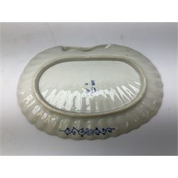 Japanese Hirado blue and white porcelain censer in the form of a Lion Dog, together with a Hirado porcelain shell shaped dish, centrally decorated with an exotic bird flanked by two roundels on floral scroll ground, censer H13cm