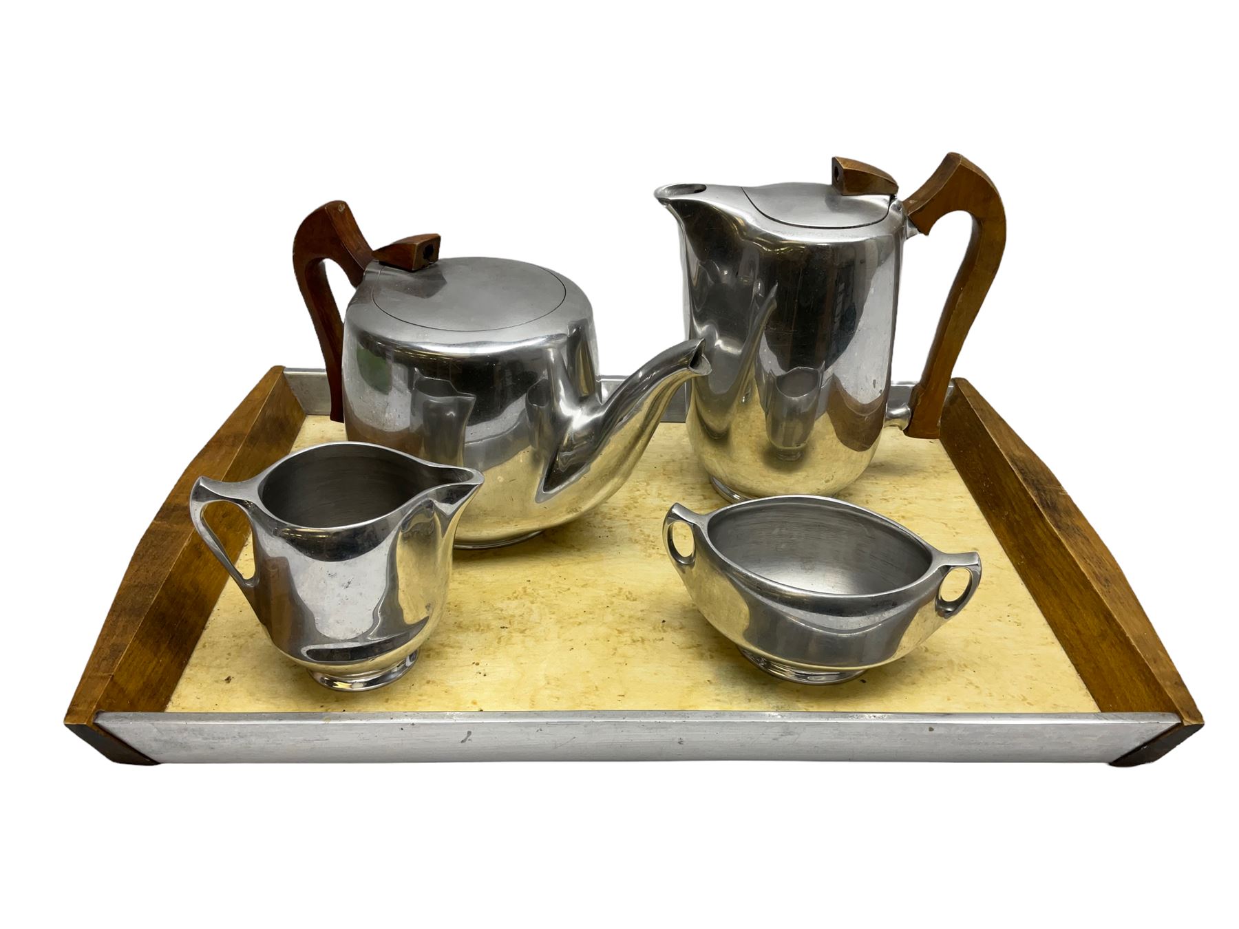 Picquot ware four piece tea set and tray

