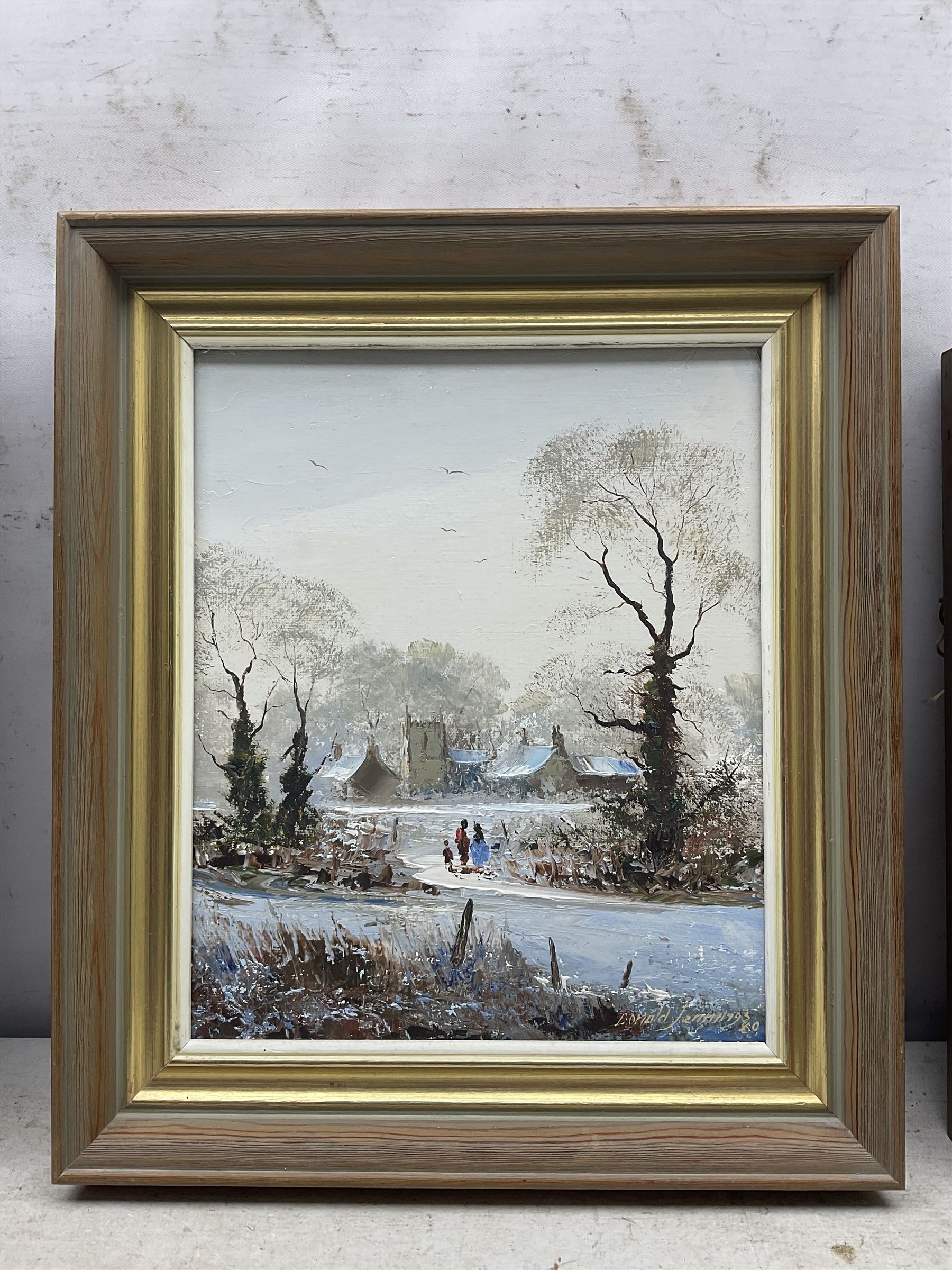 Donald Jennings (British 20th Century): 'Sunset' 'Winter' and 'The Cafe', set of three oils on canvas signed and dated '79-'80, titled verso 29cm x 24cm (3)