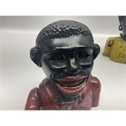 Three early 20th century cast-iron mechanical money banks as a family group comprising mother 'Dinah' patented 1911, father 'Jolly Man' patented 1902 and son 'Little Joe' patented 1910 by John Harper & Co; all with the same hand-to-mouth action; parents H16cm (3)