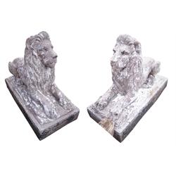  Large pair early painted composite stone recumbent lions,W44cm, H79cm, L105cm  