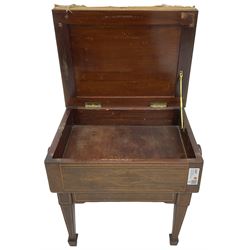 Edwardian inlaid mahogany piano stool, upholstered adjustable seat, inlaid with geometric boxwood stringing, on square tapering supports with spade feet