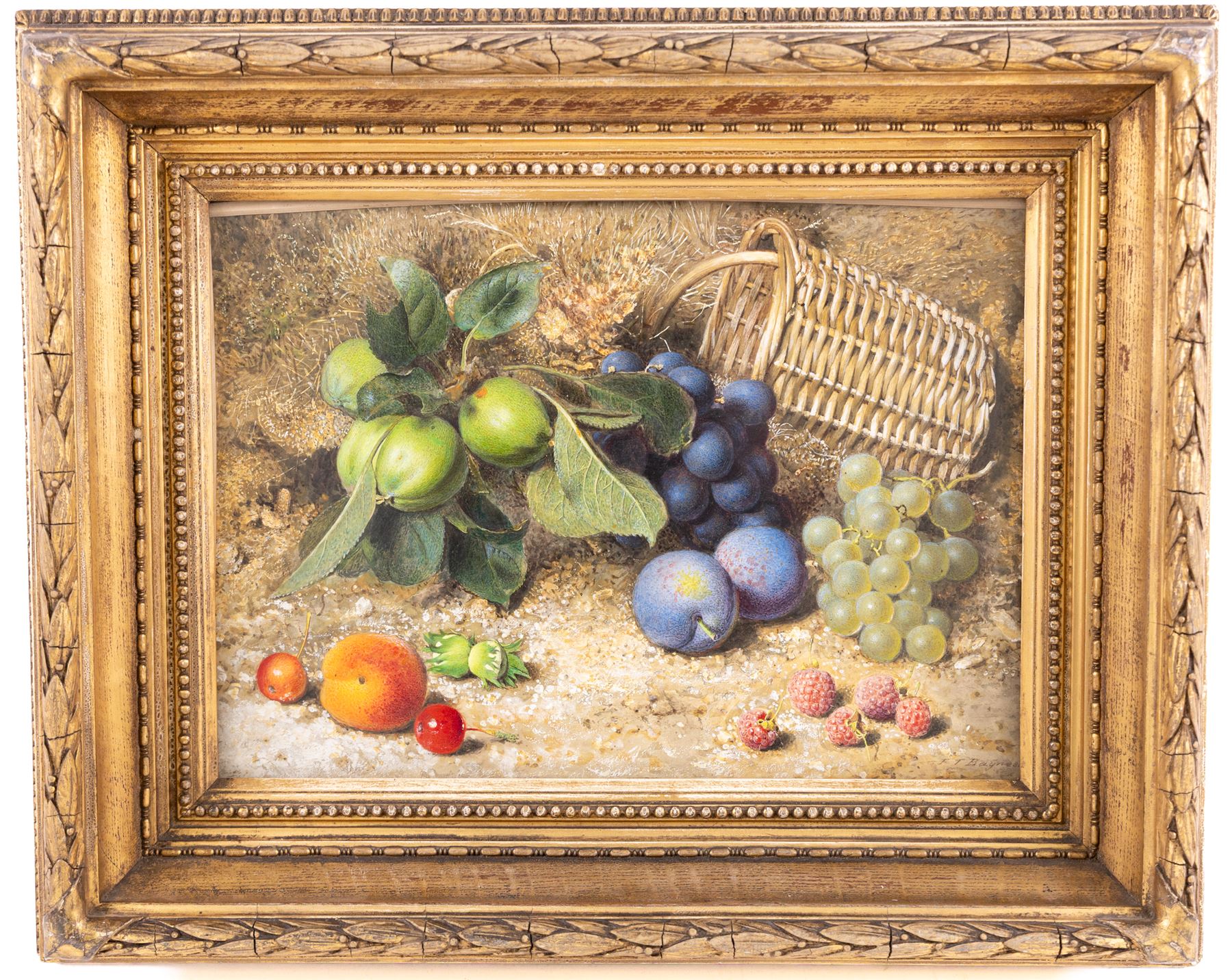 Fredrick Thomas Baynes (British 1824-1874): Still Life of Fruit and Basket, watercolour heightened with white signed 25cm x 34cm 
