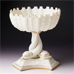 19th century Royal Worcester comport, painted with gilt on a cream ground, the stem formed...