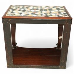 Regency style late 19th century mahogany and Italian specimen marble top console table, rectangular top inlaid with a chequered arrangement of various coloured marbles within a mahogany border, above a plain frieze raised on bold acanthus carved scroll supports over a concave plinth base