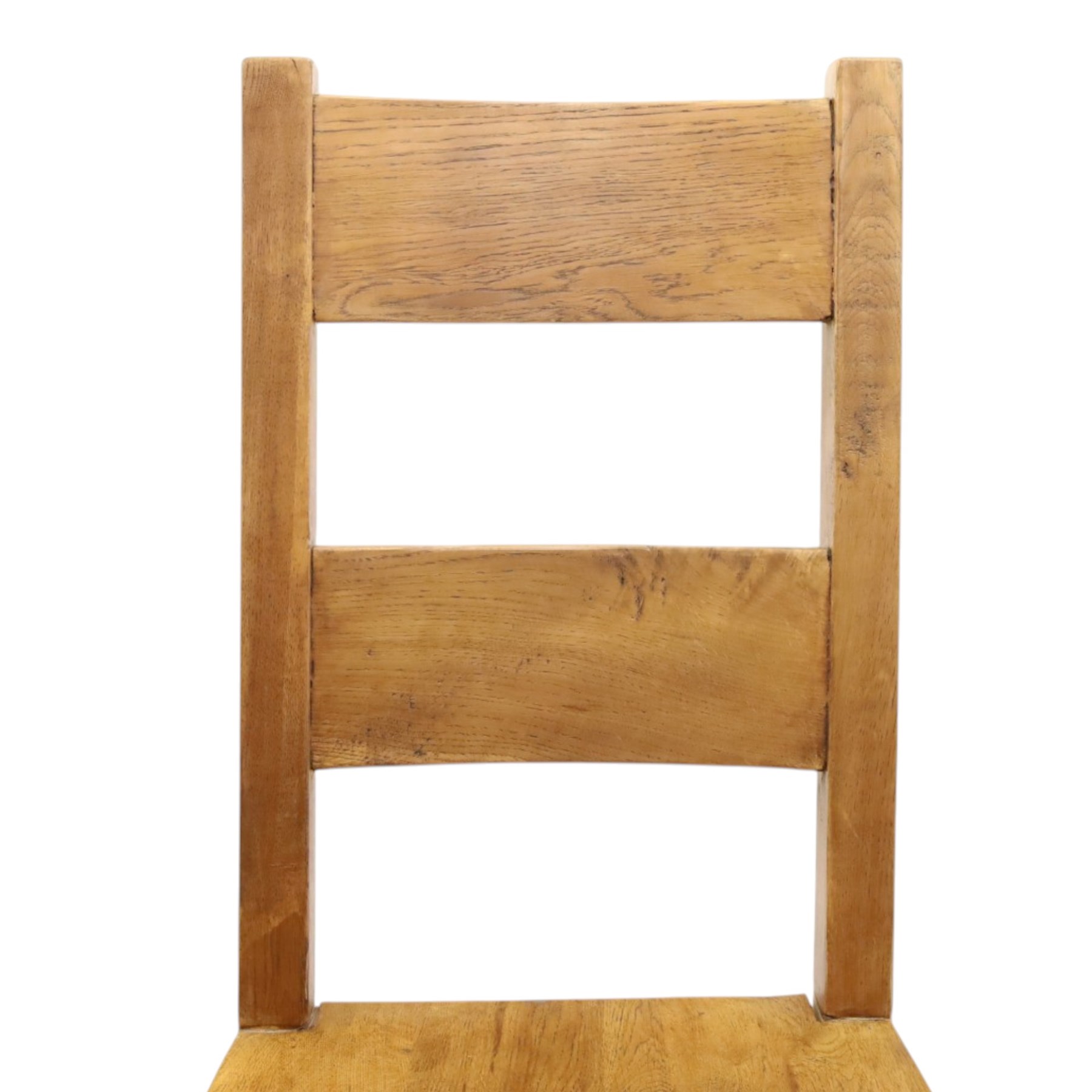 Indigo Furniture - large rustic oak dining table, rectangular four plank top raised on square supports; with set of six beech high ladder-back dining chairs