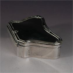 Early 20th century silver mounted jewellery box, with curved front and embossed palmette rim, opening to revel padded interior with weighted base, hallmarked A & J Zimmerman Ltd, Birmingham 1911, H3cm, W11cm