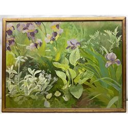 Harriet Dell nee Crossley (British 1945-): Purple Flowers, acrylic and oil on board unsigned, attributed on label verso 60cm x 80cm