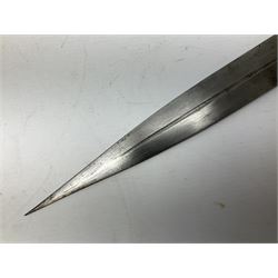 19th century Khanjali dagger, 33.5 cm double edged fullered blade with stamped makers marks, ornate cast grip, with engraved white metal scabbard, 46cm overall