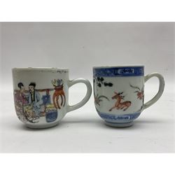 Two 18th century Chinese Yongzheng coffee cups, the first example decorated in polychrome enamel with rooster amidst blossoming peonies, the second decorated with deer and crane among rockwork and pine tree, together with two further 18th century Chinese coffee cups, an 18th century Chinese tea bowl, and a further tea bowl