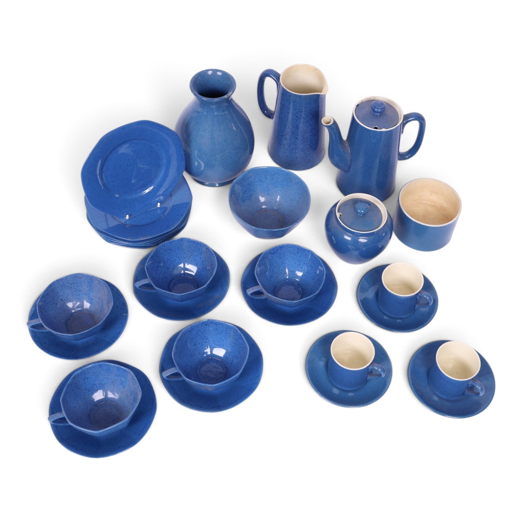 Moorcroft Powder Blue part coffee set, comprising coffee pot, two sucrier, jug, three coffee cans and saucers, together with a vase in the same colourway, together with Adderley tea set in a similar colour way