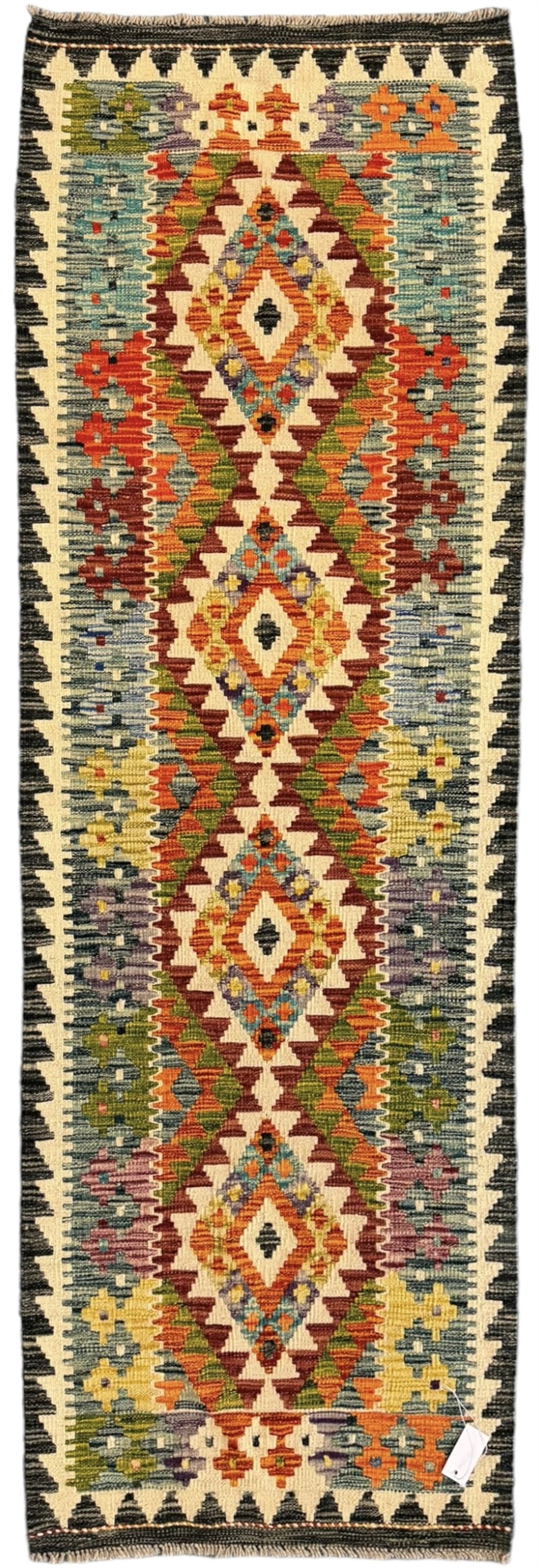 Chobi kilim multi-colour ground runner, the field decorated with lozenges and geometric patterns, within hooked border 